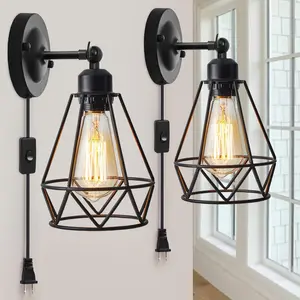 Plug in Wall Sconce, Industrial Sconces Wall Lighting, Vintage Wall Lamp with Plug in Cord, Rustic Black Sconce Fixture, On/Off Switch Sconce Light Fixture for Kitchen Bedroom Porch 2 Pack
