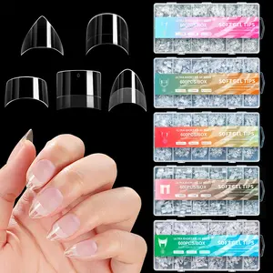 Ultra Short French Almond/ Square Fake Nails, Clear/Transparent Natural Soft Gel Full Cover Nail Tips, Pre-shaped Easy Shape Nail Extensions for Salons & DIY, 600PCS/Box Bulk Nail Art Supplies for Manicure Beginners & Professionals