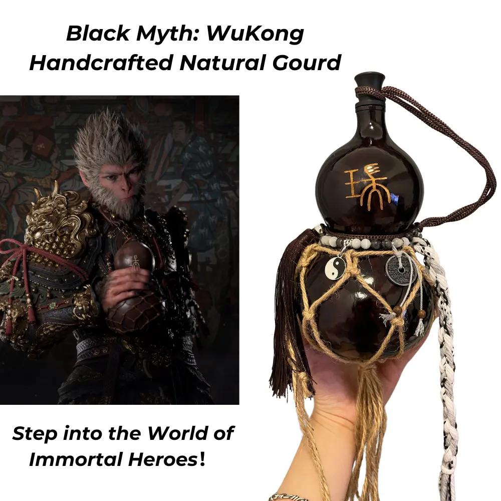Black Myth Wukong Artisan Natural Gourd Water Bottle - Reusable Home Decor Cultural Accessory, Handcrafted Leak-Proof Vintage Bottle with Coin Lanyard, Woven Net Bag, Ideal Gift for Him, Ships in 24 Hours
