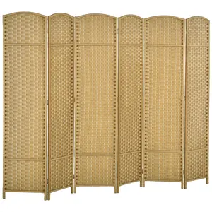 6 Panel Folding Room Divider – Nature Wood. 5.6' Tall Freestanding Partition. Hand-Woven PP (Water Repellent + Tear-Resistant). Pine Frame + Arched Top