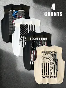 Men's American Casual Sleeveless Vest Set, 4-Piece Round Neck Fitted Design, Us Flag Gun Graphic Pattern, Ideal for Layering, Comfortable Fit Tops