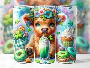 Highland Cow St Patrick's Day Shake 20 oz Skinny Tumbler Sublimation Highland Cow Tumbler St Patrick's Day Tumbler