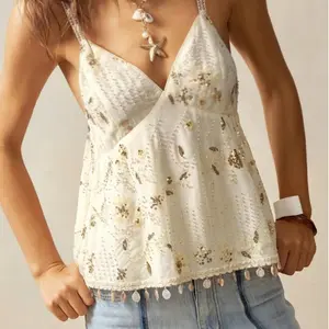 Women's Embroidered Sequin Cami Top Spaghetti Strap V-Neck Tassel Hem Flowy Boho Vest for Vacation and Chic Style women vintage clothing