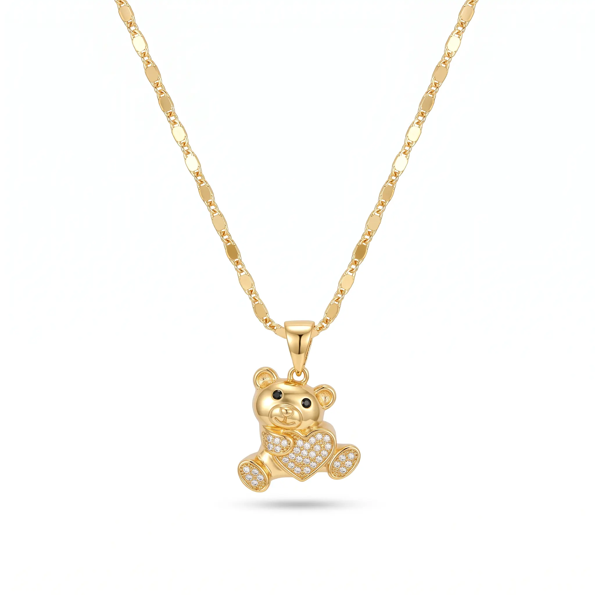 Women's 14K Gold-Plated Alloy-Zirconia Necklace (23.6in), Girly Glitter Diamond Shiny Sparkling Sparkle Bedazzled Teddy Bear Heart Pendant, Fashion Jewelry Gift for Everyday Wear, Girly Necklaces