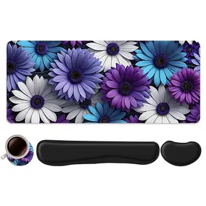 4pcs Purple Blue Daisy Floral Design Mouse Pad + Keyboard Wrist Rest + Ergonomic Gaming Mousepad + Coaster Set For Desktop Decoration, Office Accessories Set Ergonomic Wrist Support, Computer Mat Mouse Pad Coaster Suitable For Home Office Gaming