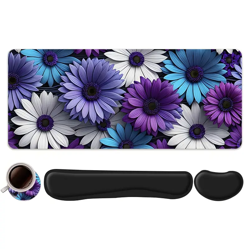 4pcs Purple Blue Daisy Floral Design Mouse Pad And Keyboard Wrist Rest + Ergonomic Gaming Mousepad + Coaster Set For Desktop Decoration, Office Accessories Set Ergonomic Wrist Support, Computer Mat Mouse Pad Coaster Suitable For Home Office Gaming