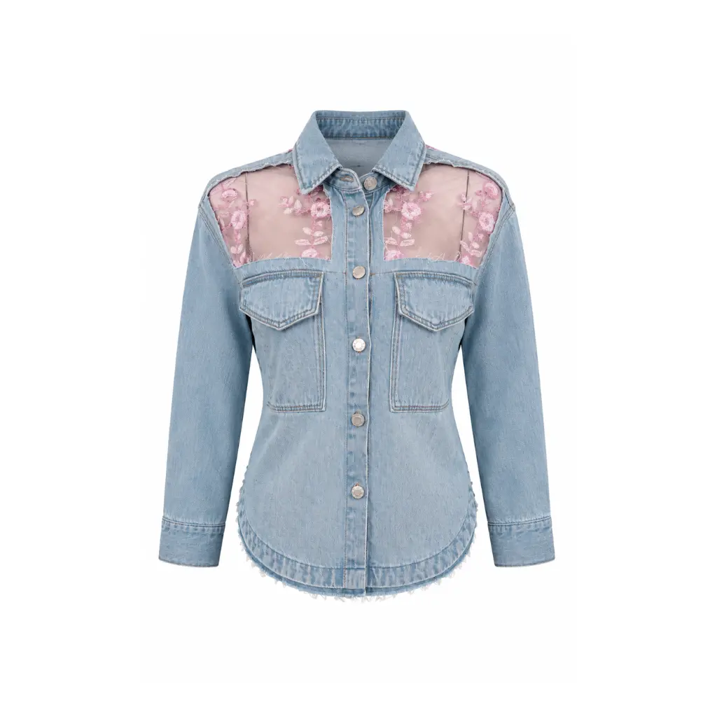 Wildgeese Handcrafted Sheer Floral Embroidered Light Wash Denim Shirt Jacket – Premium Women's Designer Overshirt