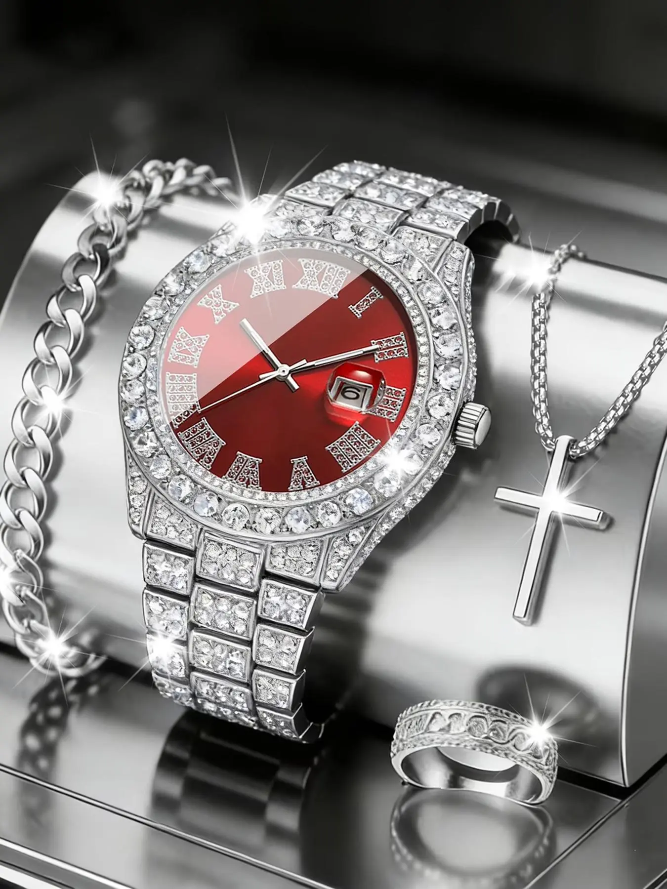 4 counts  exquisite luxury fashionable men's business quartz watch and jewelry gift set, perfect daily gift