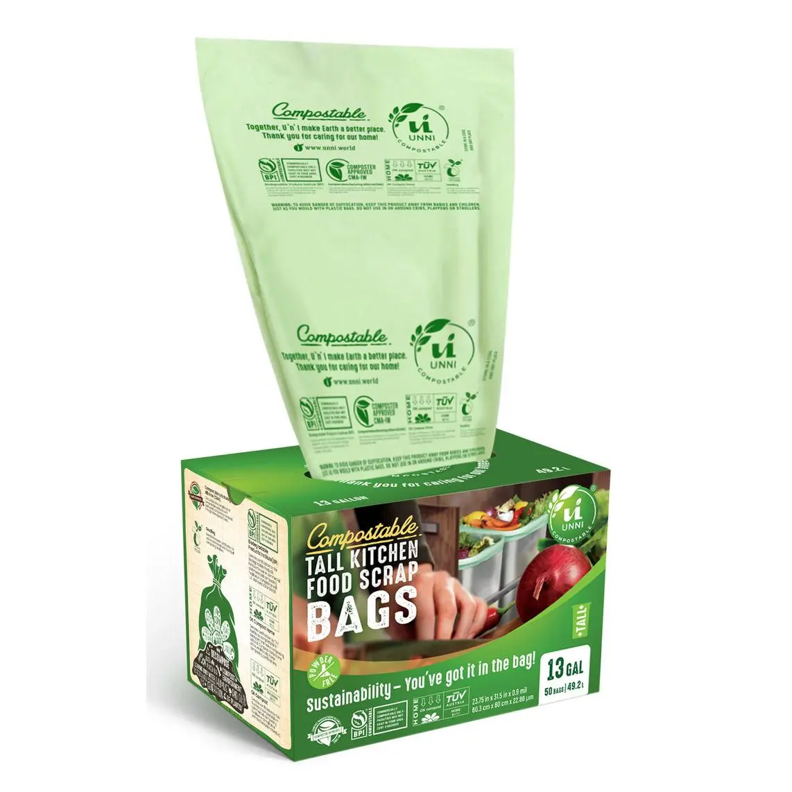 13-Gal Compostable Tall Kitchen Trash Bags for Food Scrap Disposal