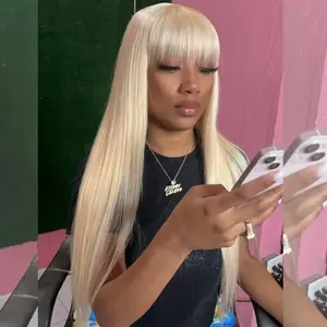 613 Honey Blonde Straight Human Hair Wig With Bangs Remy Hair Fringe Wigs For Women 180%Full Density Machine Made Wig With Bangs