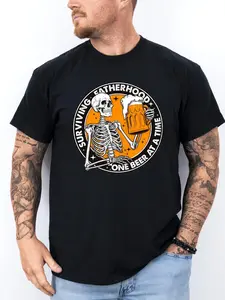 Skull Dad Beer T-Shirt, Man Surviving Fatherhood One Beer at a Time, Comfortable Material, Casual Graphic Tee, Long Sleeve, Round Neck, Funny Dad Style
