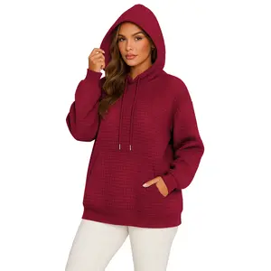 Women's Waffle-Weave Hoodie Women's Long-Sleeve Hooded Sweatshirt Featuring Kangaroo Pockets Multi-Color Drawstring Basic Hoodie Essential Women's Fall/Winter Top Comfortable Women's Outerwear Jacket