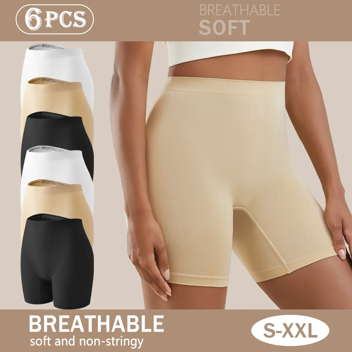 QUASTI 6Pcs Skin-Friendly & High-Elastic Fitness Yoga Boxer Briefs for Women - Solid Color Shaping Bottom Basic Tummy Underwear Short