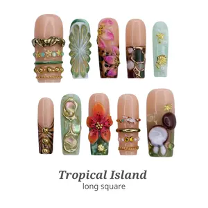 Lilynailsart | Tropical Island Press On Nails - Tropical Flower, Coconut & Seashell Nail Art - Long Square