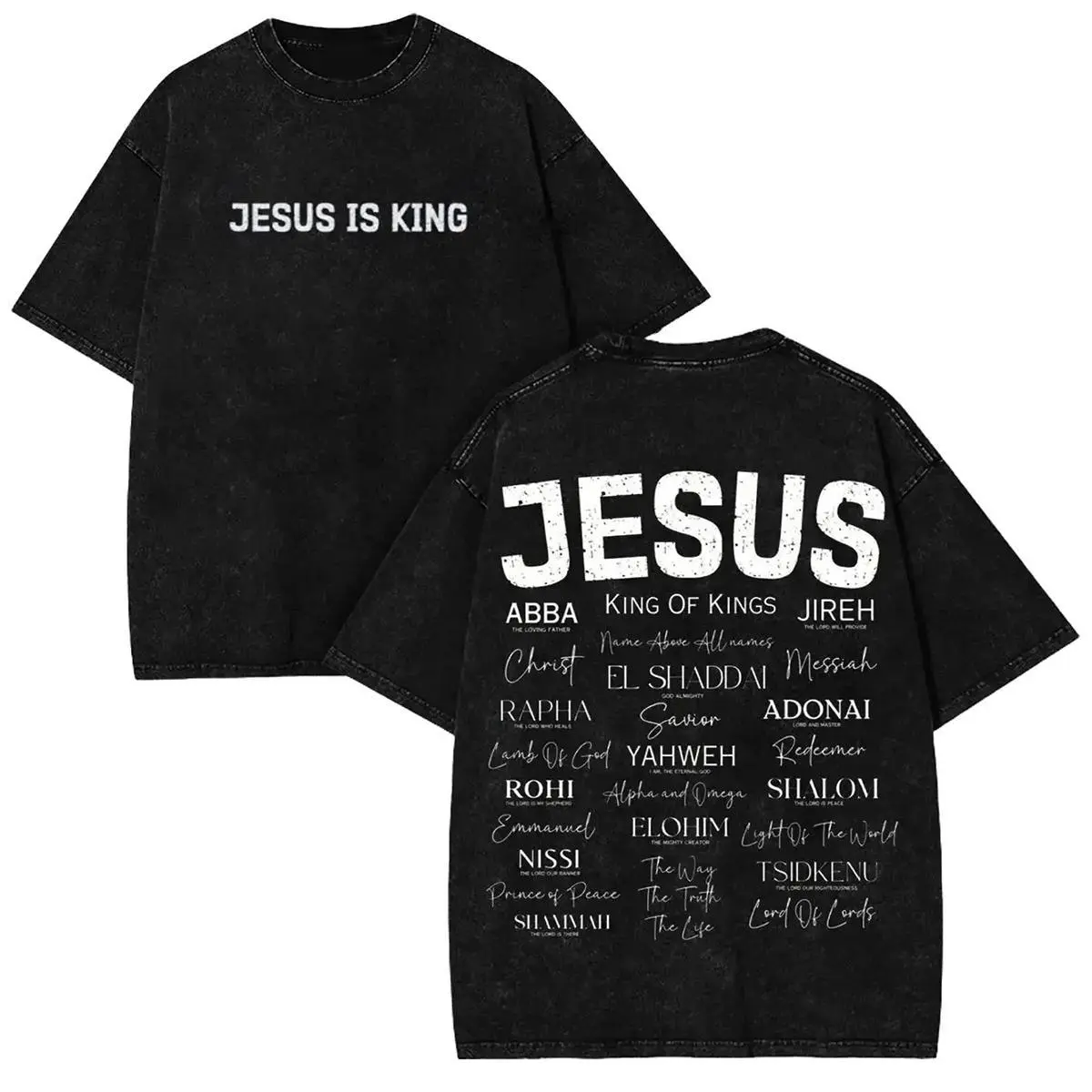 Jesus Is King Christian Graphic T-Shirt Vintage Retro Names Of God Typography Faithcore Streetwear Y2K Bible Verse Religion Casual Trendy Top Made In USA For Women For Men [Urbanvoice Decay.US cotton t-shirt/sweatshirt/hoodie, soft and comfortable]
