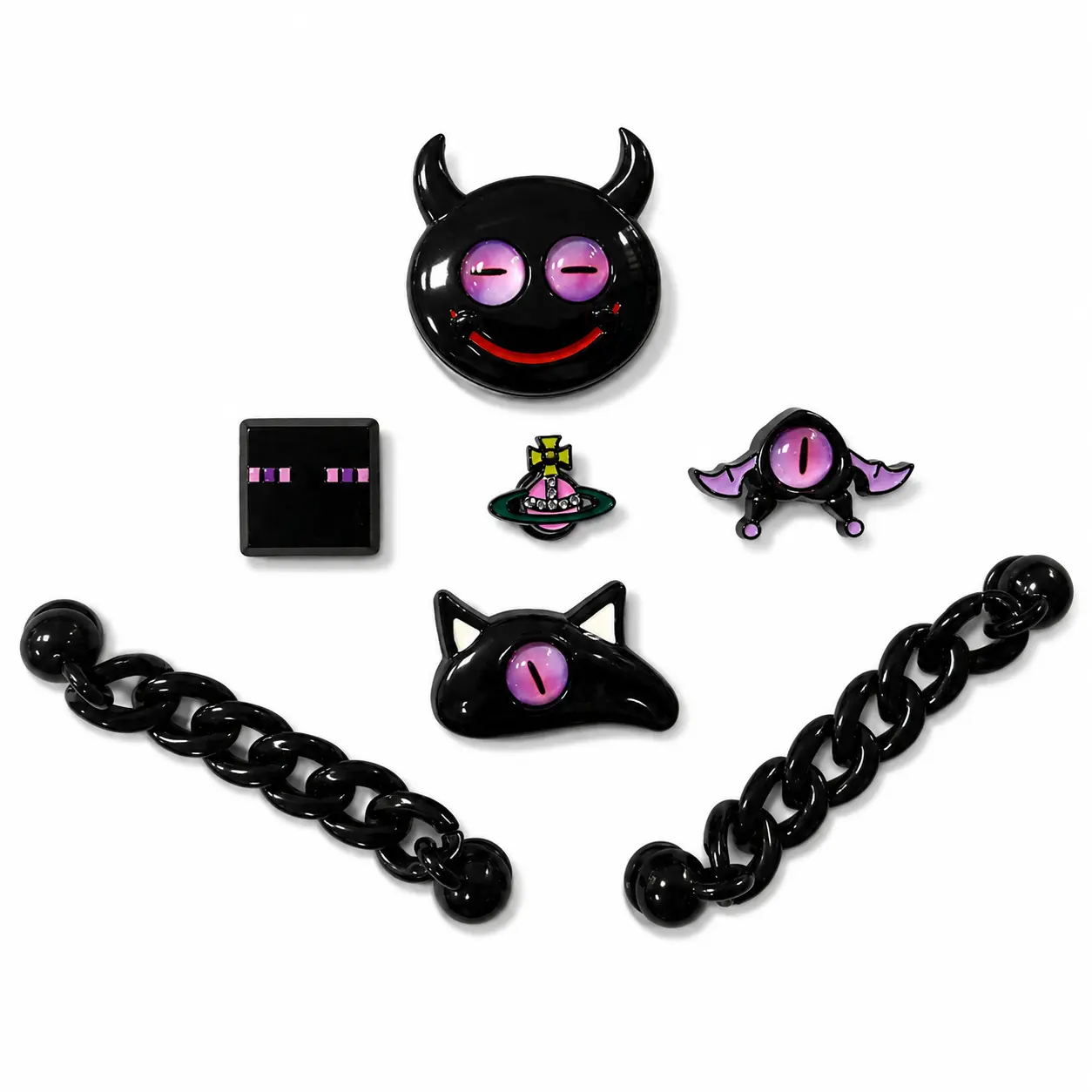 7PCS Gothic Halloween Shoe Charm Set, Purple Evil Eye, Devil Cat, Bat Wing & Black Chain Decorations for Women’s Clogs, Spooky Accessories for Parties and Gifts