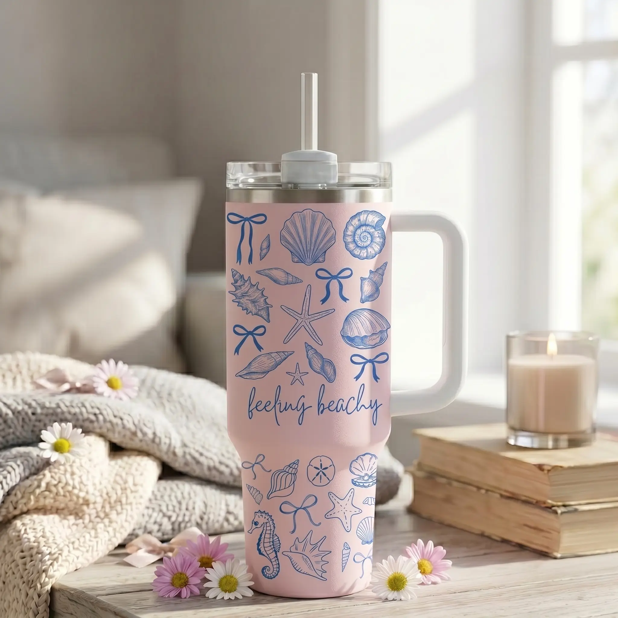Coastal Coquette 40oz Handle Tumbler, Beachy Seashells Travel Cup, Summer Beach Gift for Her, Insulated Steel Mug - scs17757