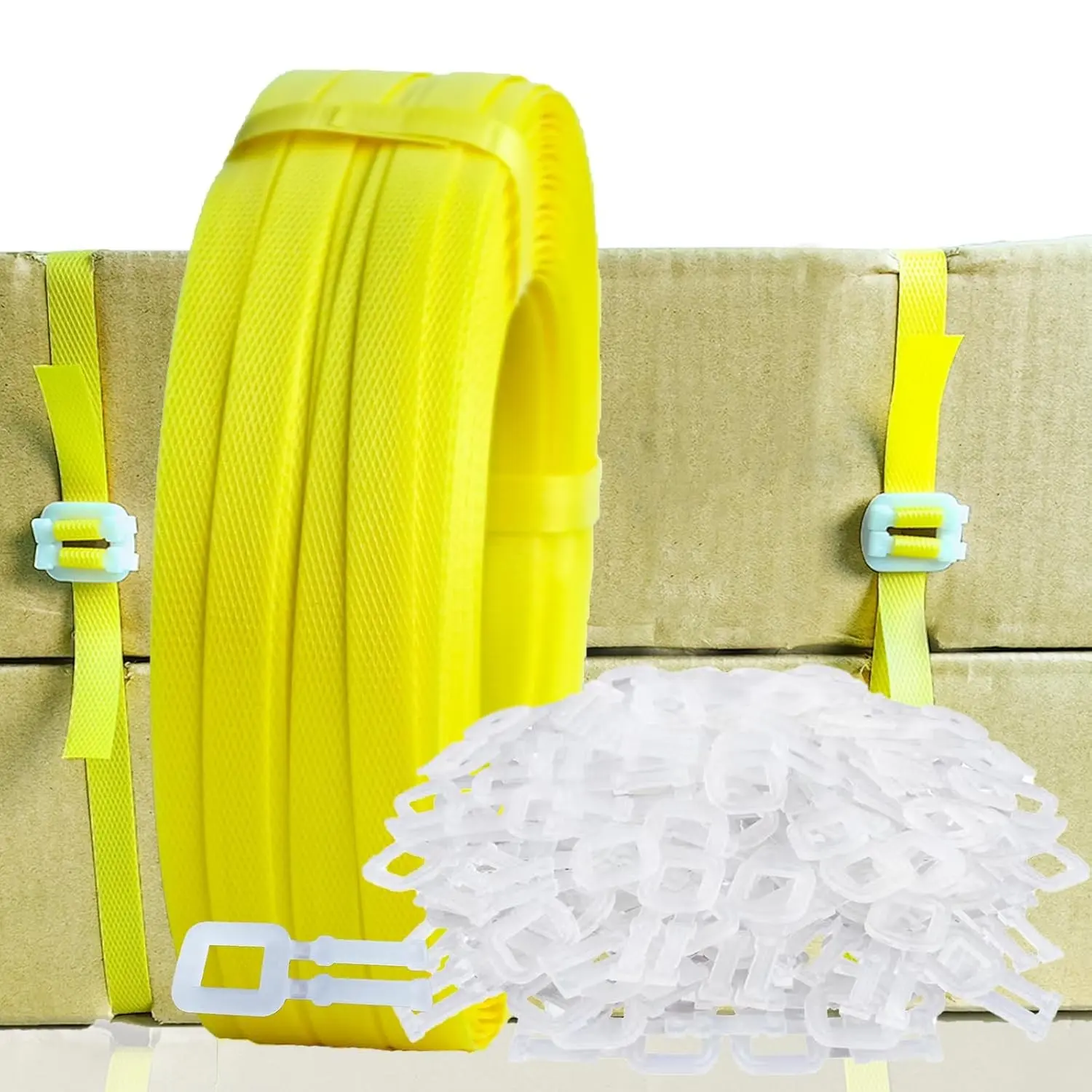 Banding Strapping Kit, Packaging Strapping Tool, Yellow | 5900" Length Poly Strapping, 100 Buckles, for Box Packaging Packing Banding Shipping Moving