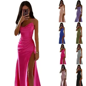 Satin bridesmaid dresses women's high slit backless prom dress 2025 long mermaid backless formal evening dress