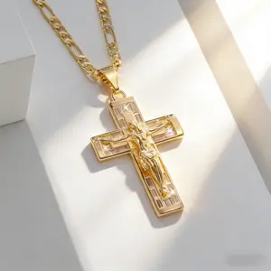 Stylish Jesus cross pendantnecklace, 14K gold-plated copper, vintage style, Men's charm jewelry,suitable for prayer and holiday blessings