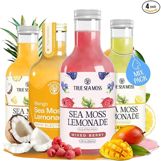 Sea Moss Lemonade Variety Pack – 4 Flavors Sampler: Lemon, Mango with electrolyte, Berry, Pina Colada – Vegan Hydration Drink – 4 x 12 fl oz Bottles – Made in USA