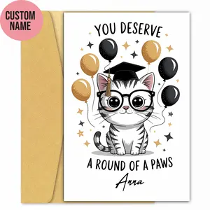 Personalized Cat Graduation Card – “You Deserve a Round of Apaws” Custom Name Card 💖