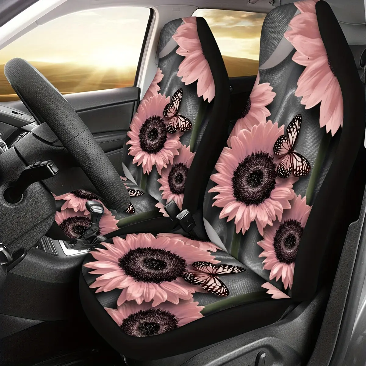 2-Piece Sunflower Butterfly Print Car Seat Cover, Universal Fit Car Interior Accessory, Car Accessories, Stylish Car Seat Protector, Car Seat Decorative