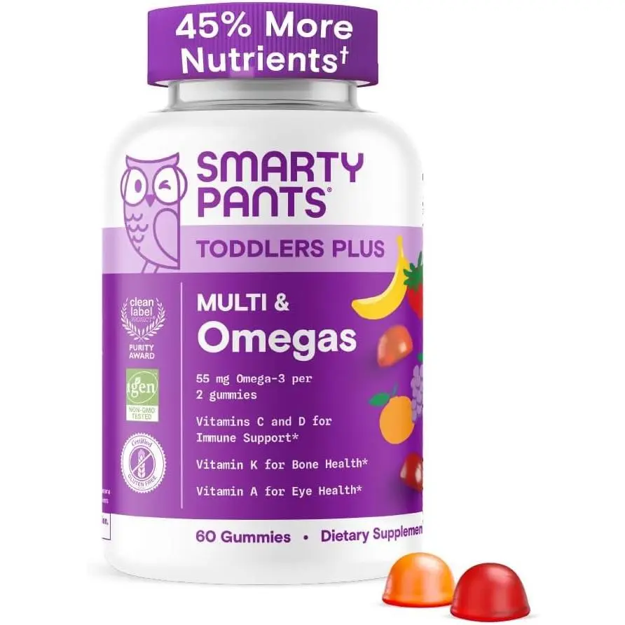 Toddler Multivitamin Gummies - Improved Formula: Omega 3 (DHA/EPA), Vitamins D3, C, Vitamin B12, B6, A, K & Zinc, Biotin, Gluten Free, Three Fruit Flavors, 60 Count (30 Day Supply)