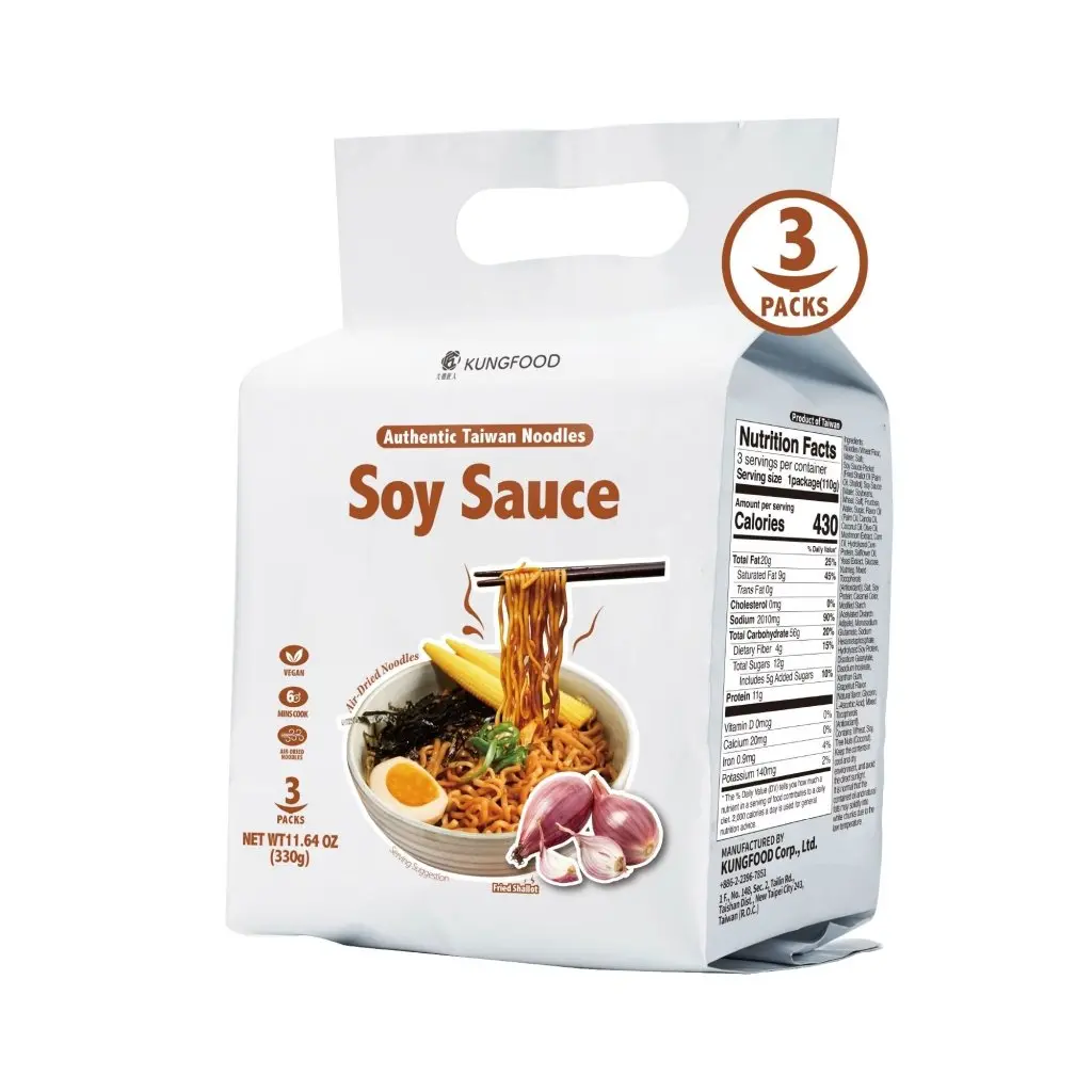 KUNGFOOD Authentic Ambient Umami-Rich High-Carbohydrate Savory Traditional Soy Sauce Air-Dried Instant Noodles, 110g x 3 Pack with Shallots