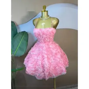 Elegant Women's Rose Floral Mini Skirt, Thin Strap Backless A-Line Dress, Birthday Party Gown, Sexy One-Piece Dress Cute Womenswear