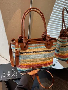 New Rainbow Striped Straw Handbag, Adjustable Shoulder Strap, Lightweight Crossbody Bag, Fashionable Beach Bag, Casual Daily Use