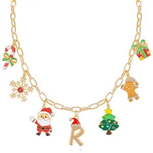 NEKOL Christmas Initial Letter Charm Necklace for Women, Candy Canes Snowflakes Santa Claus Christmas Tree Gingerbread Man Gift Box Colorful Holiday Charms Necklace for Personalized Christmas Gifts