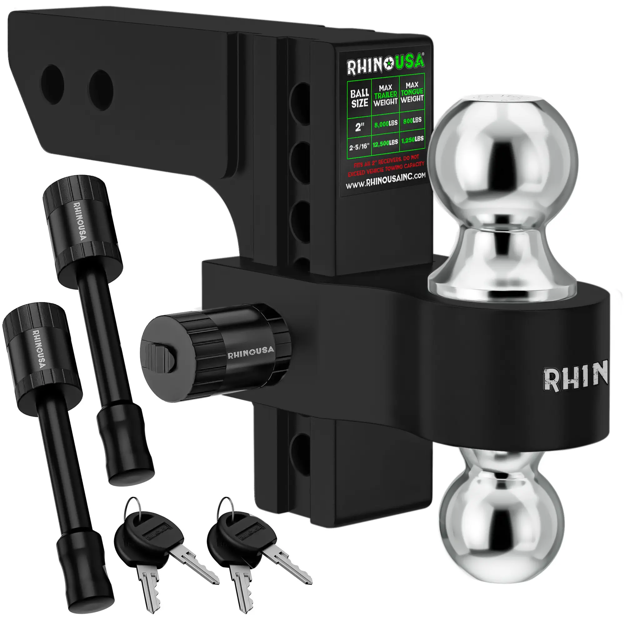 Rhino USA Adjustable Trailer Hitch 2 inch Receiver - Heavy Duty Aluminum Drop Hitch with 12,500lb GTW Towing Capacity for Hauling Heavy Trucks, RV, Trailer, Camper