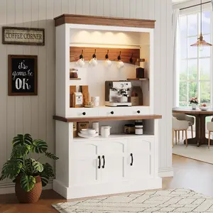 Coffee Bar Cabinet, 72 inch Tall Farmhouse Coffee Bar Hutch with LED Light and Storage, Sideboard Buffet Cabinet with Microwave Glass Shelf/Stand/6 Hooks/3 Drawers for Kitchen Living Dining Room(2 Packages)