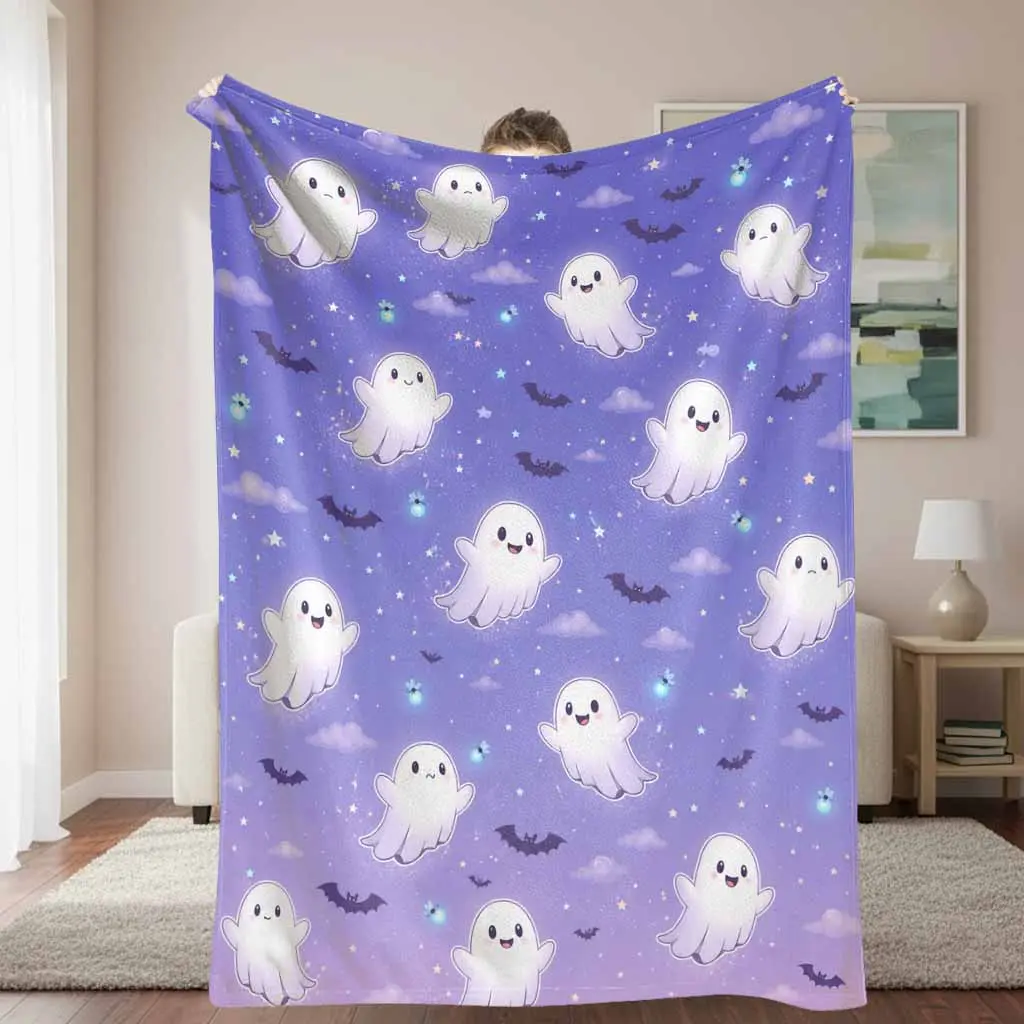 Halloween Flannel Graphic Throw Blanket, Cute Ghost & Cartoon Bat Design, Moon and Star Motif, Wrinkle Resistant, Breathable, Durable, Soft Warm Lightweight Decorative for Bedroom, Holiday Gift