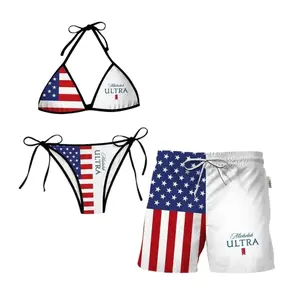 Michelob Ultra Stars and Stripes Bikini Set, USA Patriotic Matching Couple Beachwear, Men’s Bear & Truck Graphic Mesh Swim Shorts