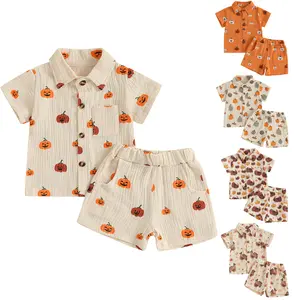 REDWOON Toddler Baby Boy Halloween Outfit Pumpkin Print Button Down Short Sleeve Muslin Shirt Top and Shorts Set Fall Clothes
