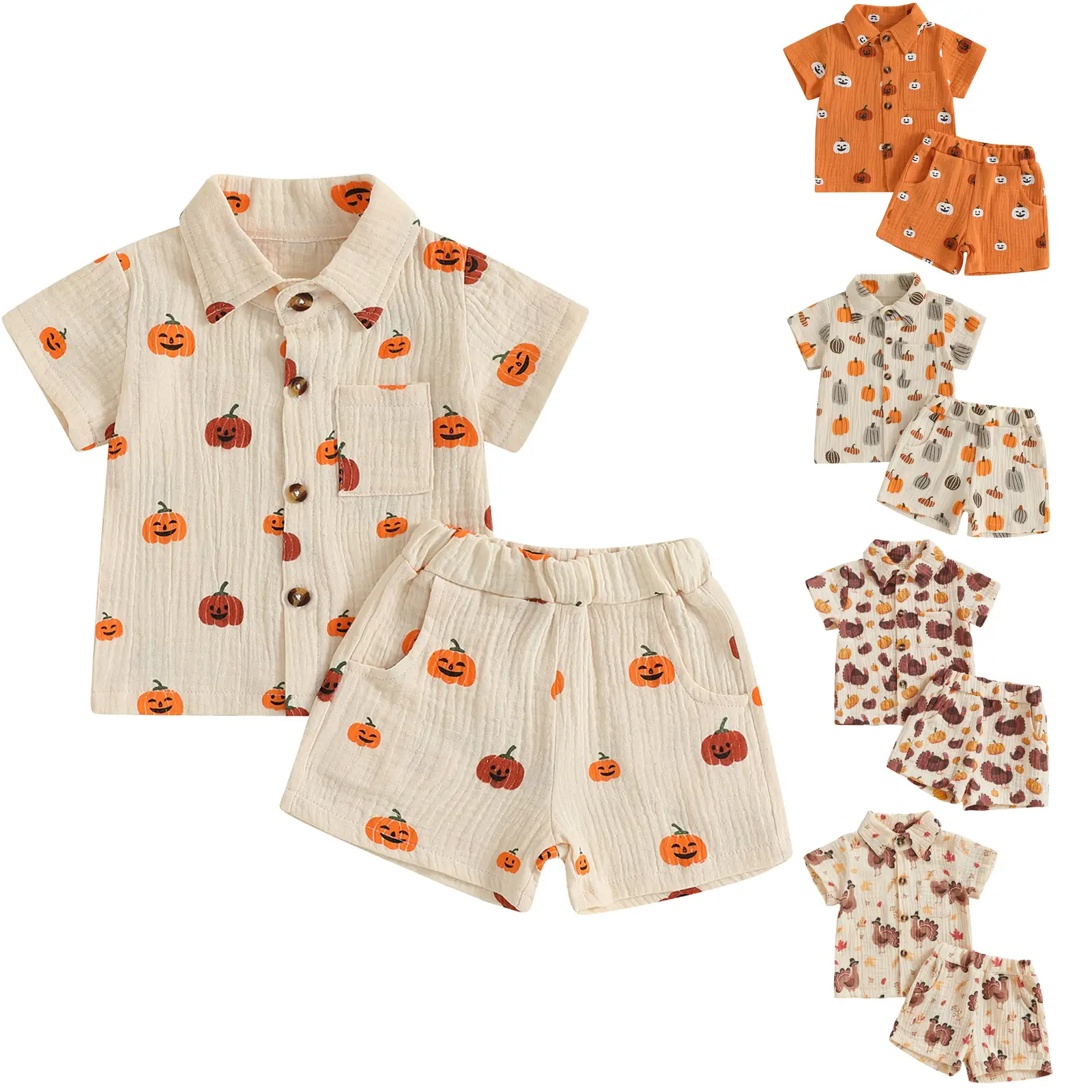 REDWOON Toddler Baby Boy Halloween Outfit Pumpkin Print Button Down Short Sleeve Muslin Shirt Top and Shorts Set Fall Clothes