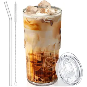 20 oz Glass Cups with  and Straws - Single  Tumbler, Thickened Shatter-Resistant Glass, Ideal for Iced Coffee, Smoothies, , Juices - Elegant & Durable Drinkware