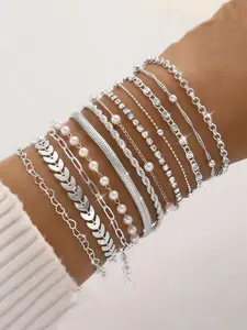 Women's Fashion Boho Style Bracelet Set, Layered Bracelet Set, & Silver Zinc Alloy Chain Jewelry for Women Daily Wear Accessories
