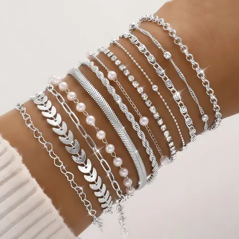 Women's Fashion Boho Style Bracelet Set, Layered Bracelet Set, Bracelets Stacking, & Silver Zinc Alloy Chain Jewelry for Women Daily Wear Accessories, Aesthetic Jewelry