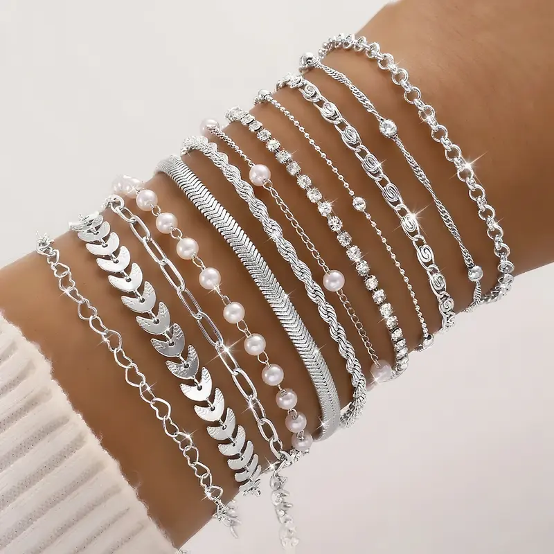 Women's Fashion Boho Style Bracelet Set, Layered Bracelet Set, Bracelets Stacking, & Silver Zinc Alloy Chain Jewelry for Women Daily Wear Accessories, Aesthetic Jewelry