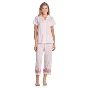 Casual Nights Lace Trim Women's Short Sleeve Capri Pajama Set - Dot Pink - 3X-Large