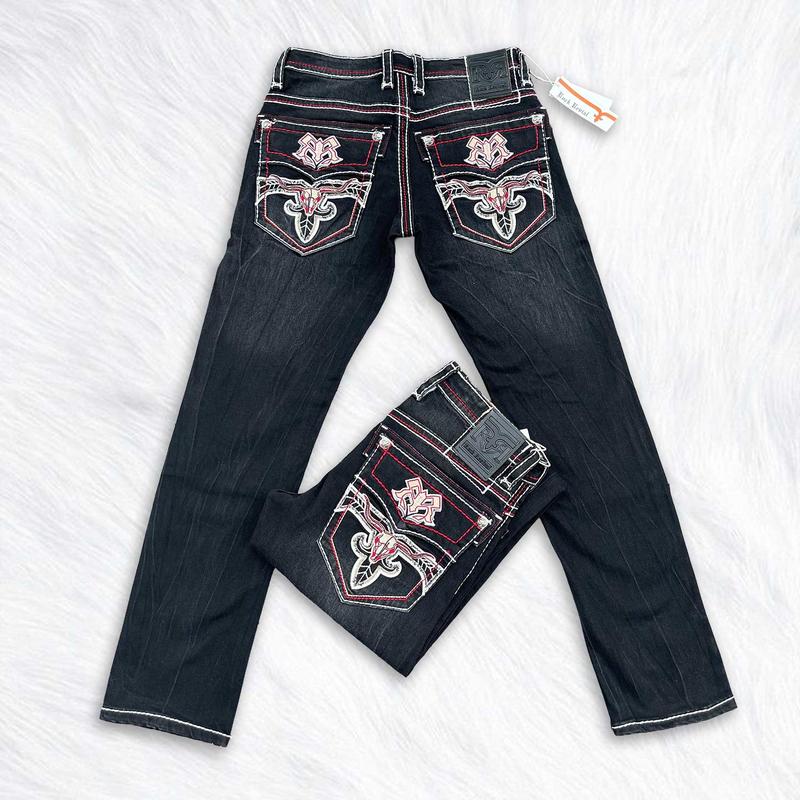 Rock Revival Black Straight Leg Jeans for Men – Western Cowboy Style Denim – Heavy Stitch Embroidered Back Pocket – Y2K Streetwear Jeans – Premium Dark Wash