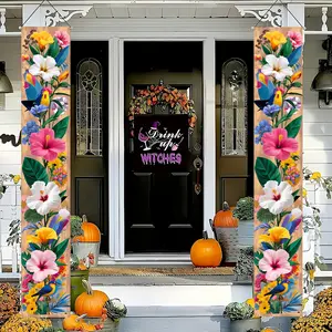 2D Flat Door Banner, 1 Pair of 2D Flat Banners, a Pair of Couplets, 'Floral and Colorful Birds' Oxford Cloth Set, Durable Outdoor Decoration, Perfect for Home Wall, Indoor/Outdoor Porch to Add Atmosphere, Halloween, Party Decoration Supplies