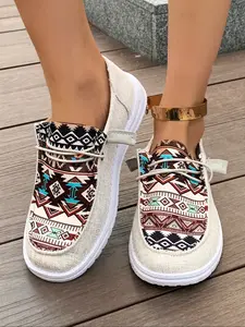 Women's Ethnic Pattern Canvas Shoes, Fashion Flat Sneakers, Comfortable Low-Top Outdoor Sports Shoes, Trendy Casual Walking Shoes, Slip On Lightweight