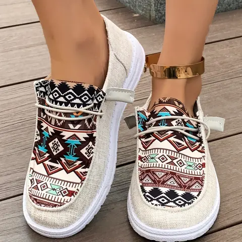 Women's Ethnic Pattern Canvas Shoes, Fashion Flat Sneakers, Comfortable Low-Top Outdoor Sports Shoes, Trendy Casual Walking Shoes, Summer Rubber Footwear, Western Rubber Slip Ons Lightweight, Slip Ins Shoes