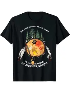 Graphic T-Shirt Celebrating Local American Heritage Featuring a Drum Design - Heavyheart Mother Earth - Black Crew Neck Style - Regular Fit - Vintage Tribal Clothing Suitable for Gym Powwows And Casual Wear Plus Size