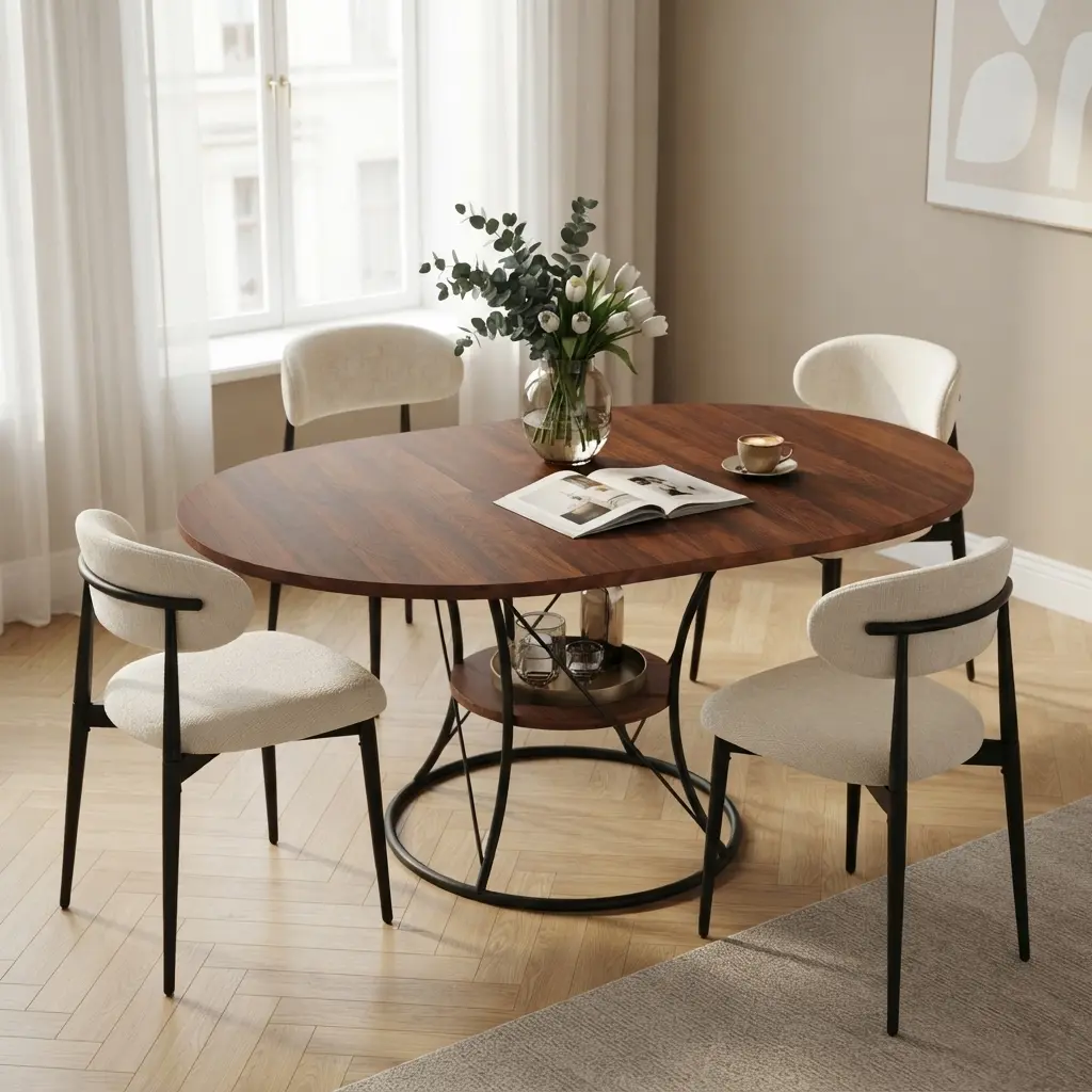 5-Piece Modern Farmhouse Dining Table Set, 43-59" Expandable Round Table with Storage Shelf & 4 Beige Metal Chairs, Space Saving Kitchen Set, Walnut & Black