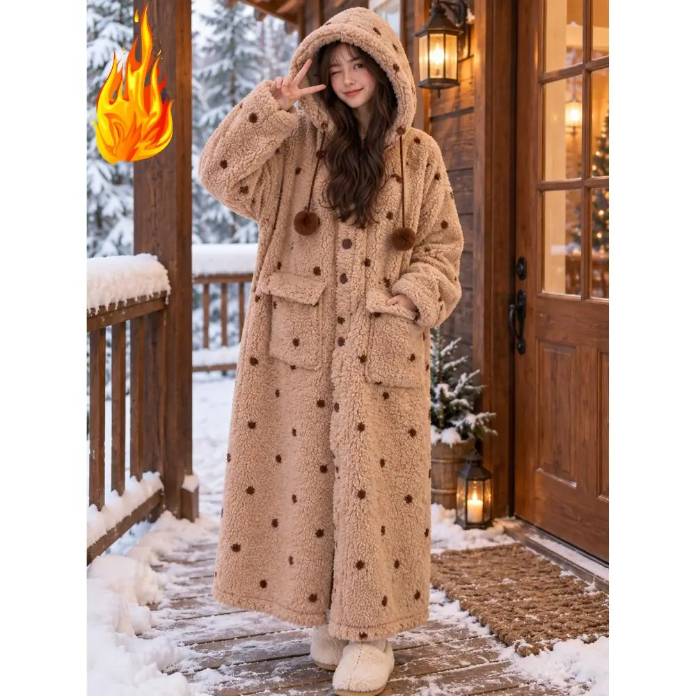 2026 Women Hooded Polka Dot Coral Fleece Robe Pajama Set, Thick Thermal Flannel Loungewear Suit, Warm Plush Long Bathrobe Outfit for Autumn Winter